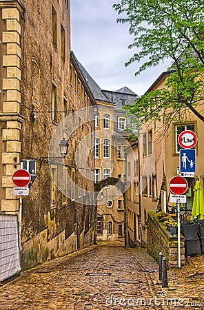 Narrow medieval street in Luxembourg, Benelux, HDR Stock Photo