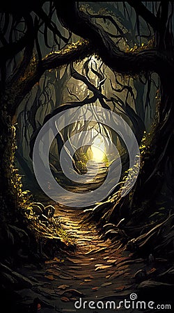 The Narrow Path Winds Through the Dark Forest Twisting and Turning As Gnarled Tree Roots Break The Soil Underfoot AI Generative Stock Photo