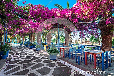 Narrow paved street full of colorful flowers in Sisi, Crete. Stock Photo