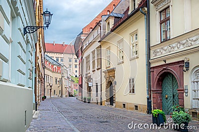 Narrow pedestrian streets of the old European city of Krakow Stock Photo
