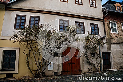 Narrow picturesque street with colorful buildings in old historic center, vintage oval wooden doors with wrought iron hinges and Editorial Stock Photo