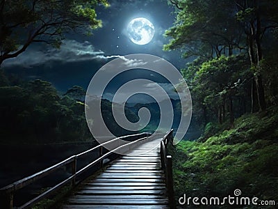 Narrow road and bridge at night forest with moonlight Stock Photo