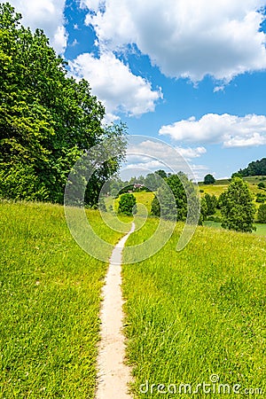 Narrow rural pathway in green hilly landscape Stock Photo