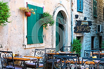 The narrow street of the authentic old town of Kotor, Montenegro. Editorial Stock Photo