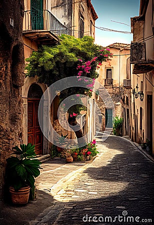 The Narrow Street of Awe-Inspiring Sicilian Ruins Stock Photo