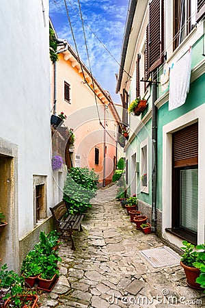 A narrow street in Buzet, Croatia Stock Photo