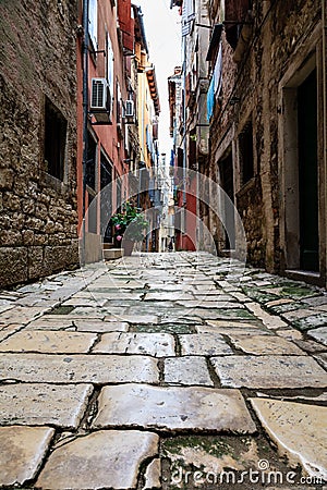 Narrow Street in the City of Rovinj Stock Photo