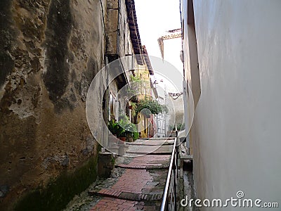 Narrow street and keystones in Nice, France Stock Photo