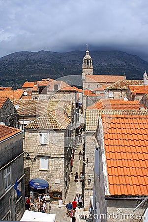 Narrow street of Korcula, Croatia - Town on island Editorial Stock Photo