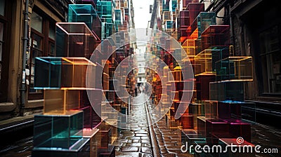 A narrow street with many glass boxes on each side of it. Generative AI image. Stock Photo