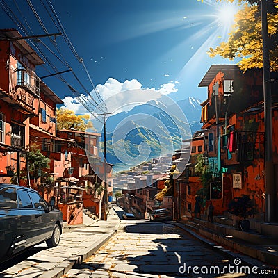 Narrow street nestled among the hills of Medellin, Colombia, Stock Photo