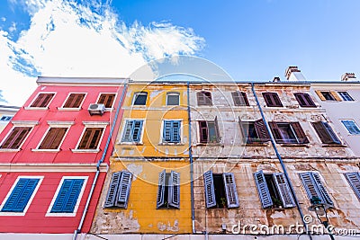 Narrow street in night of old town of Rovinj, Croatia Stock Photo