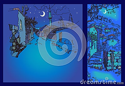 Narrow street of the old oriental town at night. Vector Illustration