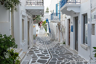 Narrow street of the old town with, Parikia, Paros Island, Greece Editorial Stock Photo