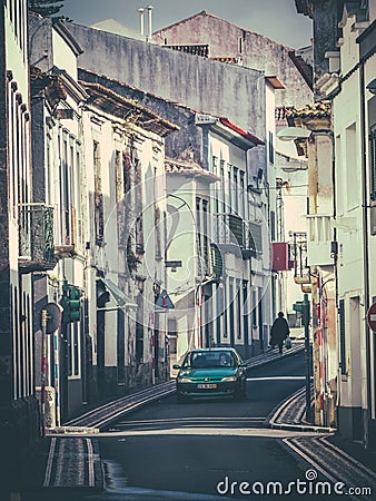 Narrow streets of Ponta Delgada Editorial Stock Photo