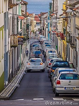 Narrow streets of Ponta Delgada Editorial Stock Photo