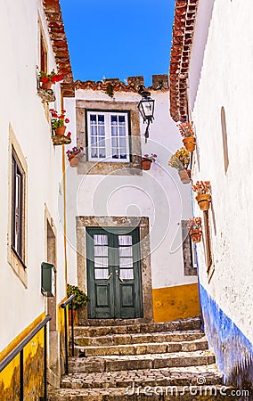 Narrow White Street 11th Century Mediieval City Obidos Portugal Stock Photo