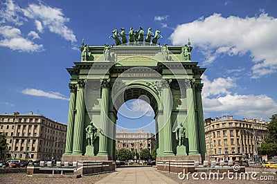 Narva Triumphal gate was built in 1827-1834 in memory of the heroes of the Patriotic war of 1812. Saint Petersburg, Editorial Stock Photo