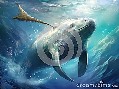 Ai Generated illustration Wildlife Concept of Narwhal Monodon monoceros swimming in the ocean water Cartoon Illustration