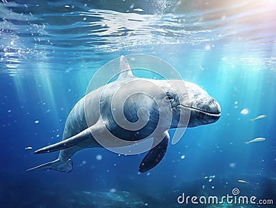 Ai Generated illustration Wildlife Concept of Narwhal Monodon monoceros swimming in the ocean water Cartoon Illustration