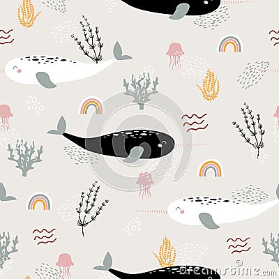 Narwhale, jellyfish and rainbow seamless childish pattern with beige background. Hand drawn repeat pattern for wrapping, fabrik. Vector Illustration