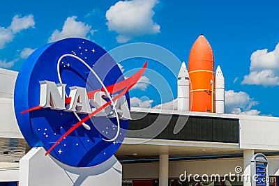 NASA Logo and Atlantis Space Shuttle at Kennedy Space Center Florida Editorial Stock Photo