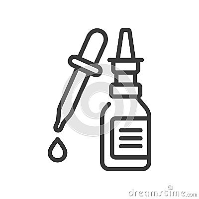 Nasal drops line black icon. Container with medical drug for nose. Rhinitis cure. Treatment infectious diseases, colds Vector Illustration