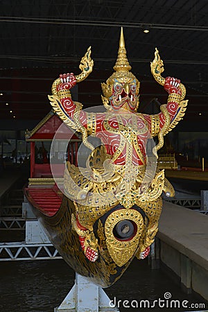 A nasal sculpture of the barge of the king Rama IX of `Krut Hern Het`, Bangkok Editorial Stock Photo