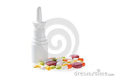 Nasal Spray - Nose Spray and Pills Stock Photo