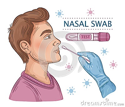 Nasal swab test probe icon. Man taking DNA or PCR coronavirus testing. Laboratory analysis. Medical exam for infection. Vector Vector Illustration