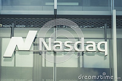 Nasdaq company logo sign on modern office in Vilnius, Lithuania, May 30, 2021. Nasdaq is leading provider of trading Editorial Stock Photo