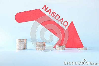 NASDAQ index in red downward arrow with decreasing stack of coins. Bearish run market in United States US stock market. Stock Photo