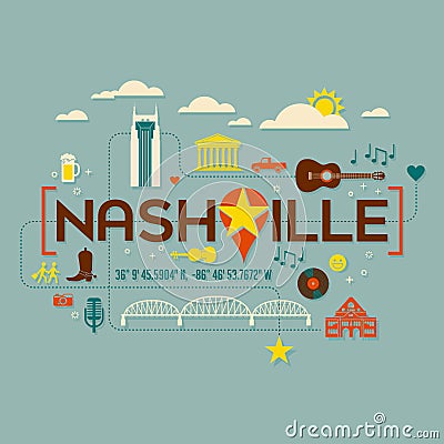 Nashville landmarks, attractions and text design Vector Illustration