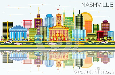 Nashville Skyline with Color Buildings, Blue Sky and Reflections Stock Photo