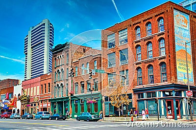 Nashville, Tennessee! Both New and Old Buildins on the Broadway Strip! Stock Photo