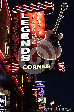 Neon sign for Legends Corner on lower broadway, featuring live music Editorial Stock Photo