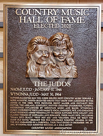 Nashville, Tennessee, U.S - June 26, 2022 - The 2021 plaque for 'The Judds' at the Country Music Hall of Fame Editorial Stock Photo