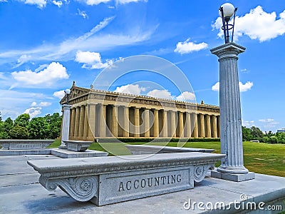 Nashville, TN USA - Accounting Sign In Centennial Park with The Parthenon Replica Museum Editorial Stock Photo