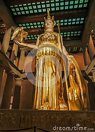 Nashville, TN USA - Centennial Park The Parthenon Replica Giant Statue of Athena with Nike Editorial Stock Photo