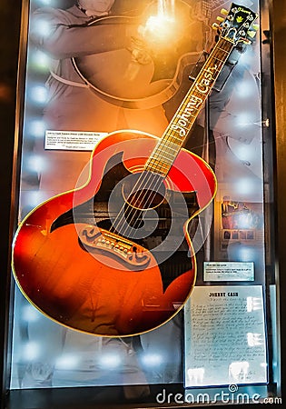 Nashville, TN USA - Johnny Cash Museum Acoustic Guitar With Lyric Sheet Editorial Stock Photo