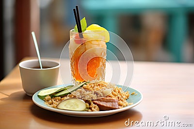 nasi goreng with a glass of iced tea, complete meal perspective Stock Photo