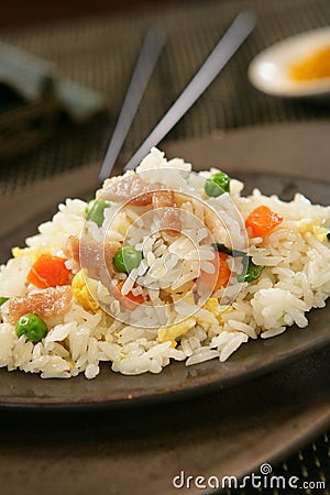 Nasi goreng with pork stripes Stock Photo