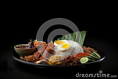 Nasi lemak, malay fragrant rice dish cooked in coconut milk and pandan leaf.served with various sid. Cartoon Illustration