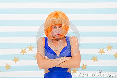 Nasty girl with crazy look. Unhappy girl keep arms crossed. Crazy about fashion. i dont want to do this. funny gitl with Stock Photo