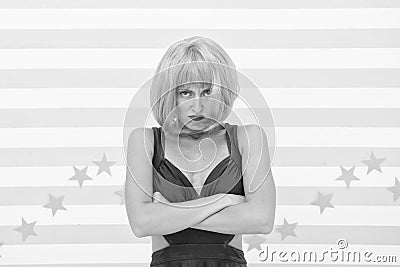 Nasty girl with crazy look. Unhappy girl keep arms crossed. Crazy about fashion. i dont want to do this. funny gitl with Stock Photo