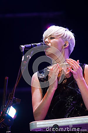 Nata Zhyzhchenko, lead singer of Onuka, electro folk band at Roshen fountain opening, Vinnytsia, Ukraine, 29.04.2017, editorial Editorial Stock Photo