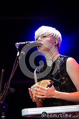 Nata Zhyzhchenko, singer of Onuka, electro folk band at Roshen fountain opening, Vinnytsia, Ukraine, 29.04.2017, editorial photo Editorial Stock Photo