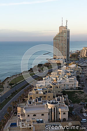 Netanya beach line in sunset Stock Photo