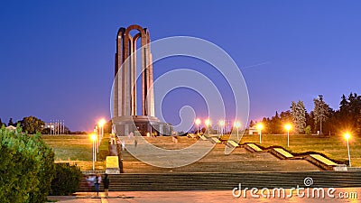 Nation Heroes Memorial in Carol park, Bucharest, Romania, at blue hour. Landmark, tourism Stock Photo