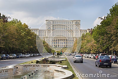 Light traffic on Unirii boulevard and Casa Poporului Editorial Stock Photo